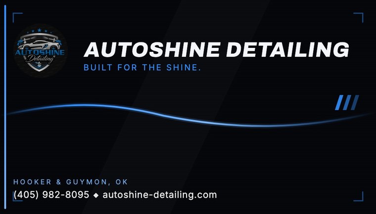 AutoShine business card, black with wavy blue chrome line
