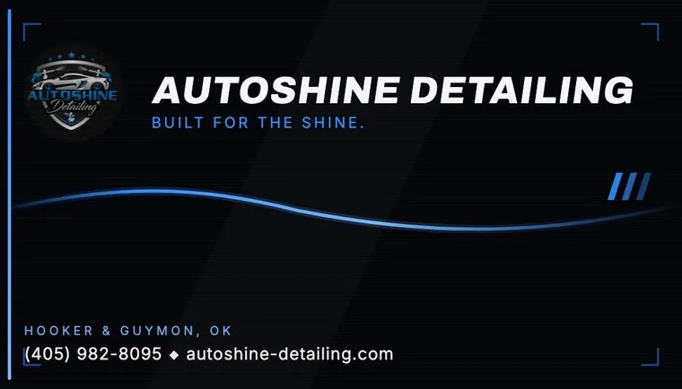 AutoShine business card, black with wavy blue chrome line