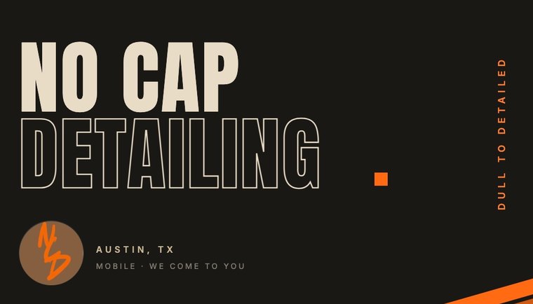 No Cap Detailing business card, warm black with orange type