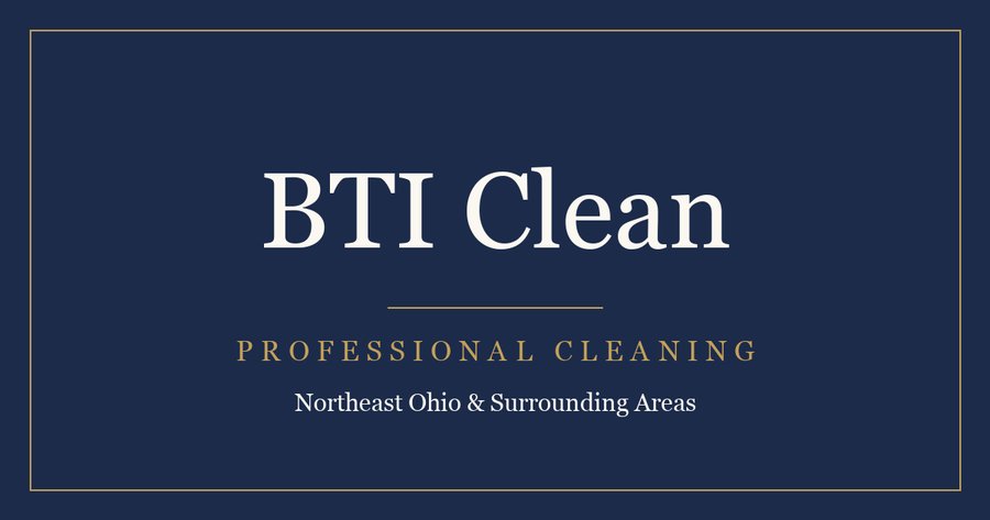 BTI Clean brand banner: navy and gold lettering on ivory